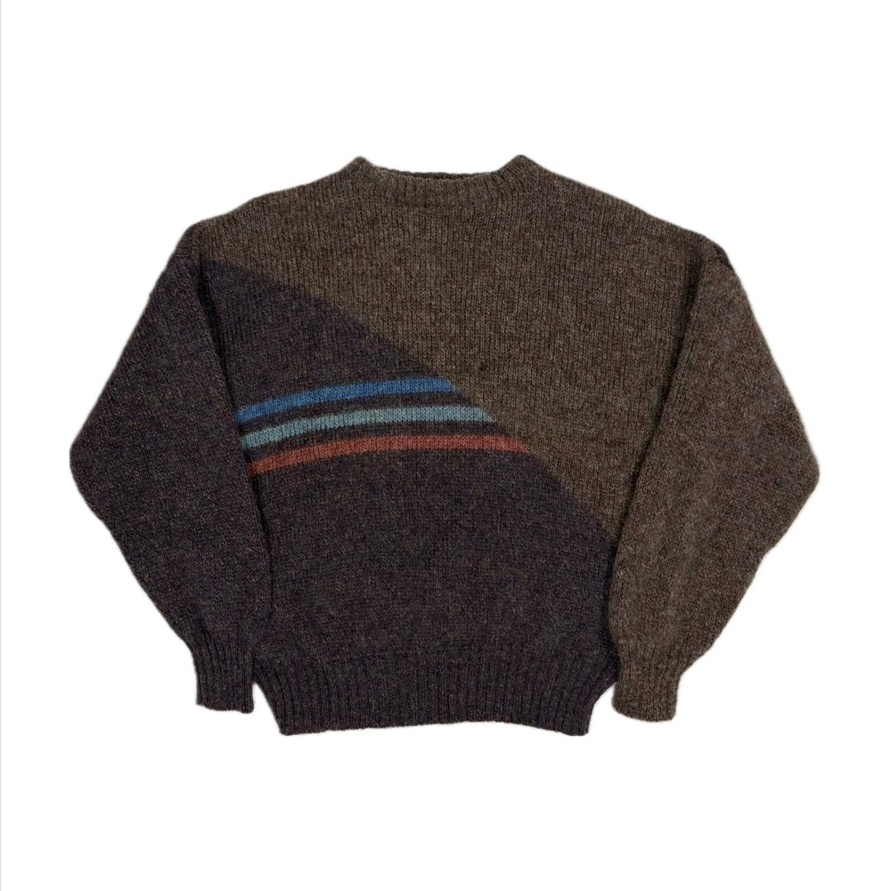Vtg Maban Scotland wool brown stripe knit crewneck sweater women's 44 medium